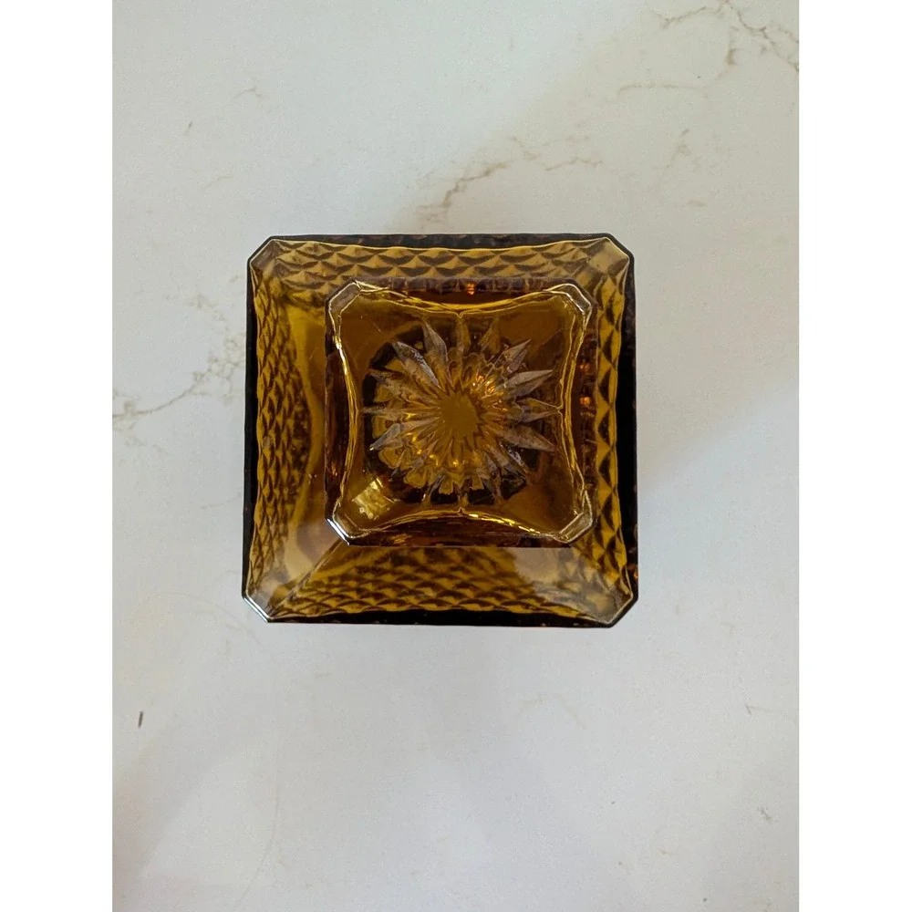Vintage Amber Glass Decanter Diamond Point Square Bottle with Stopper MCM Honey